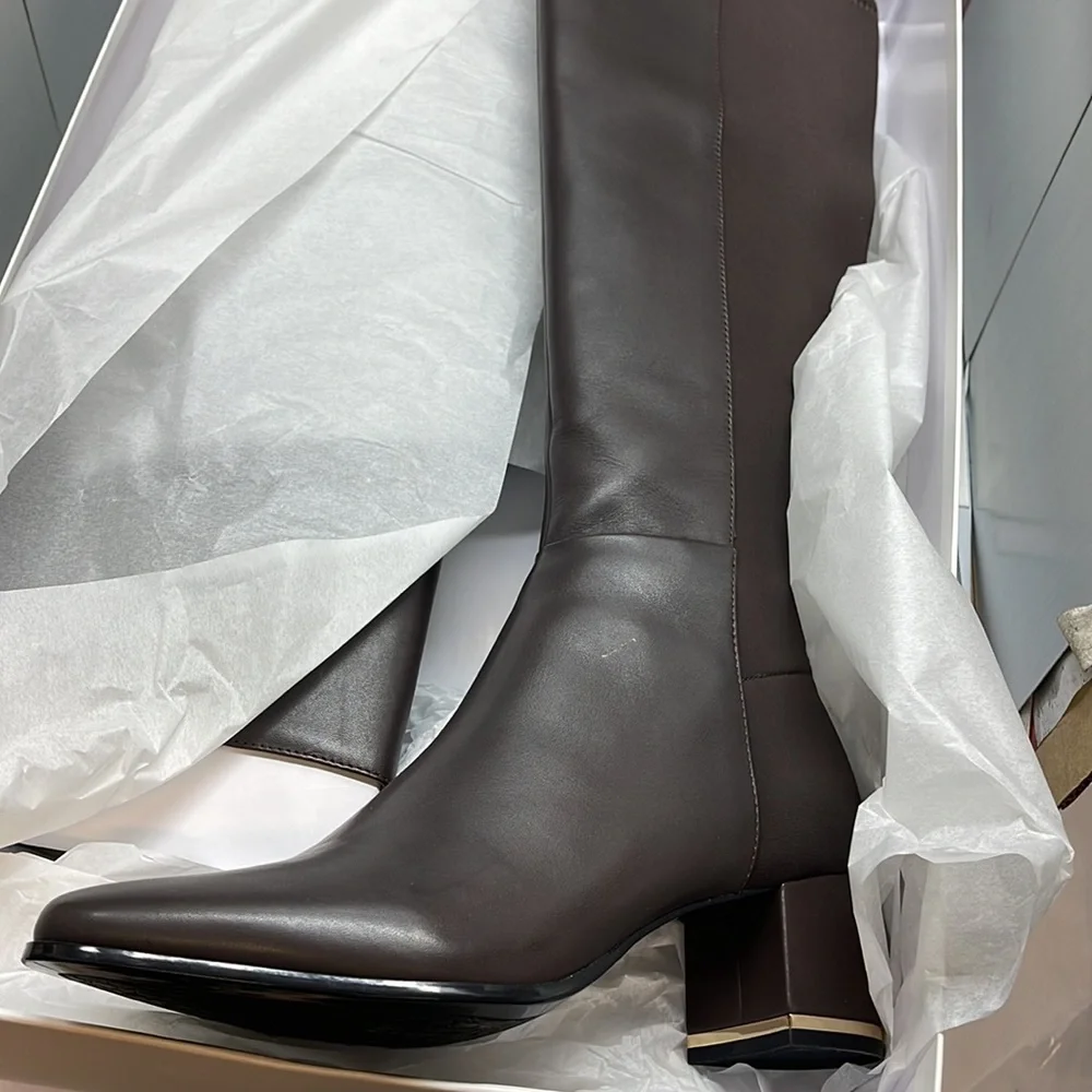 COPY - BNIB Calvin Klein Freda Cow Lather Silk neoprene Brown Long Riding Boot… - Picture 3 of 11